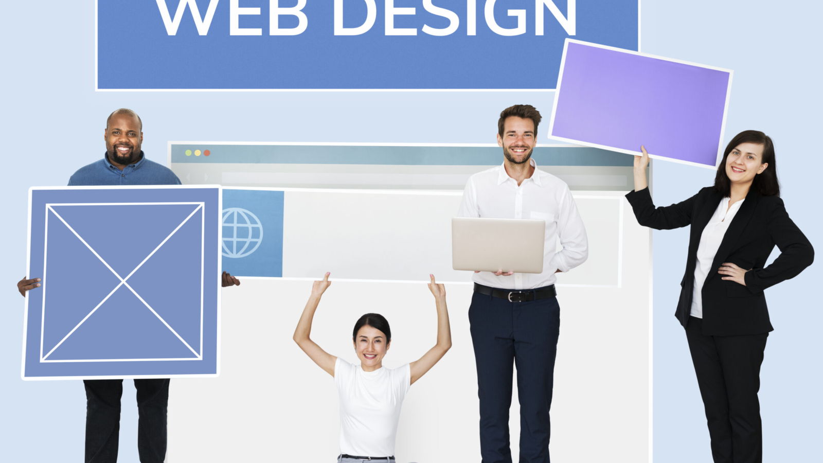 Happy diverse people holding a wed design board
